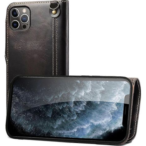 Étui en cuir de vachette ciré à l'huile Denior pour iPhone 12 / 12 Pro, avec bouton magnétique (2025) (1/3)