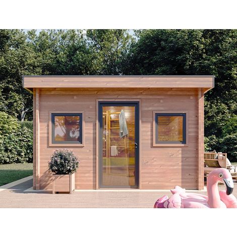 Abri de jardin bois douglas 15m² – Madriers 55mm – 2 fenêtres PVC double vitrage – Toit bacacier résistant – Montage facile – Monnet Seve (1/5)