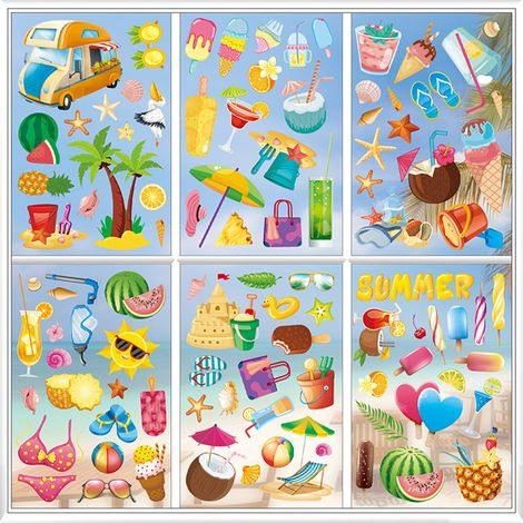 láminas de pegatinas para ventanas, estilo acuarela, diseños veraniegos, PVC reutilizable, para el hogar y fiestas. (1/5)