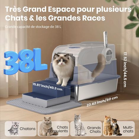 Bac à litière XXL pour chat en acier inoxydable avec pédale anti-projection maison de toilette fermée grand espace anti-odeur avec filtre à charbon