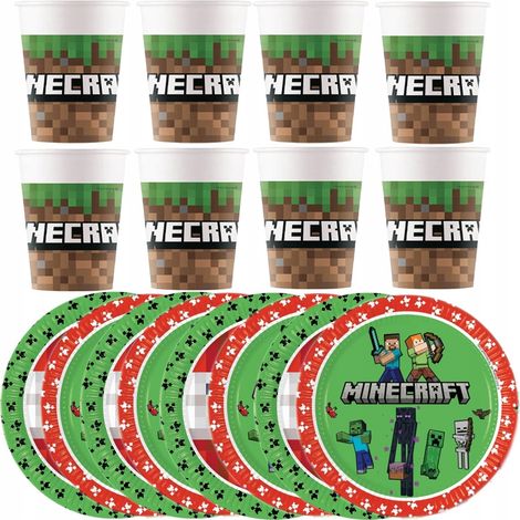 Juego de píxeles de MINECRAFT, platos, vasos y TNT para cumpleaños, 16 piezas. (1/5)