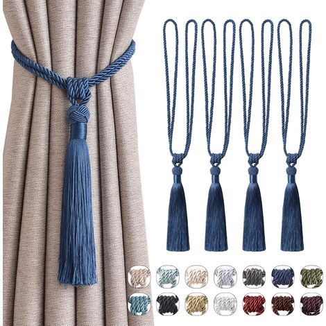 Lot de 4 embrasses à pompons longs, cordes tressées main, style européen, déco rideaux maison et bureau (bleu marine). (1/5)