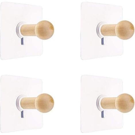 Patère - Mini Crochet Auto-Adhésif - Bois Naturel - 4 PCS - Support Mural pour Vêtements (1/4)