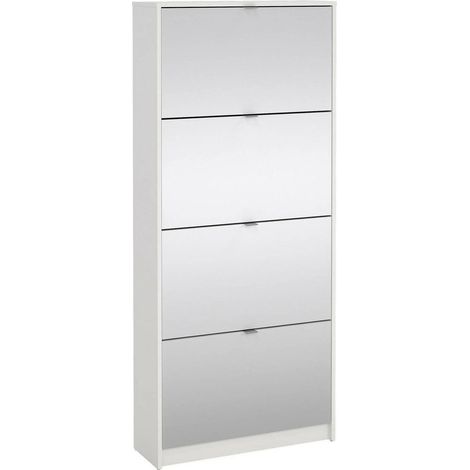 Zapatero Dmora con cuatro puertas espejadas y doble fondo, color Blanco, 70,3 x 162 x 24,05 cm, con embalaje reforzado