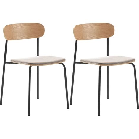 Lot de 2 chaises dossier bois assise tissu taupe et pieds métal noir - RIDILA (1/5)