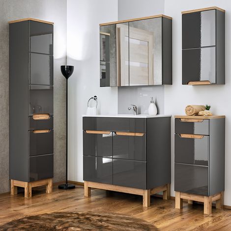 Waschplatz Set 2-teilig mit Keramik Waschtisch 60 cm SOLNA-56 Hochglanz grau & Spiegelschrank BxHxT ca.:  60 x 200 x 45 cm (1/5)