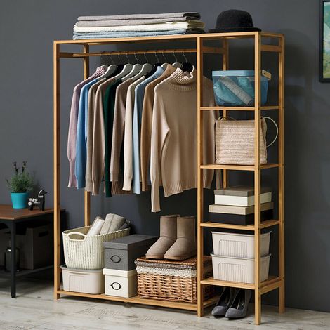 XXL Kleiderständer Bambus Garderobenständer Kleiderschrank Garderobe mit Kleiderstange 4 Ablagen und Vorhang 146x90x30cm (1/5)