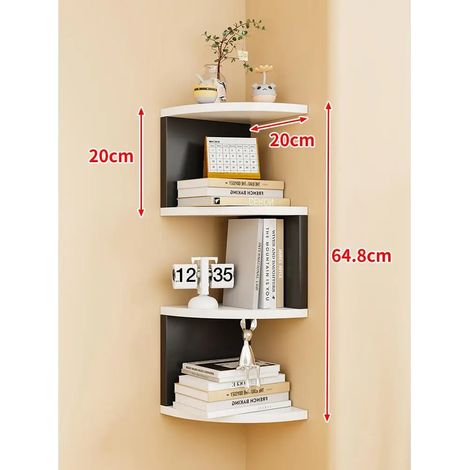 Étagère de rangement murale d'angle à 4 niveaux, rayon 20 cm, noire et blanche (colle, clous sans trace et vis d'expansion inclus). Style minimaliste moderne. Dimensions : [dimensions manquantes]. (1/5)