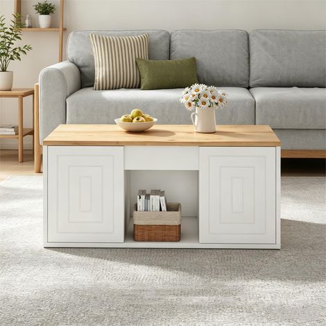 Table basse relevable 95 x 46 x 45 cm hauteur jusqu'à 59 cm 2 portes rainurées rangement fermé effet bois naturel blanc, salon chic (1/5)