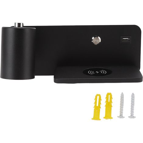 LED-Wandleuchte mit USB-Anschluss und kabelloser Ladefunktion für Wohn- und Schlafzimmer, 85–265 V, schwarz, links