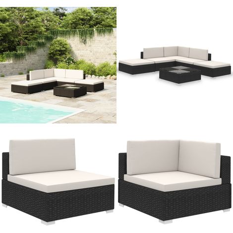 6-tlg. Garten-Lounge-Set mit Auflagen Poly Rattan Schwarz - Gartengarnitur - Lounge Möbel - Rattan Gartenmöbel - Outdoor Möbel - Esszimmergarnitur - Home & Living