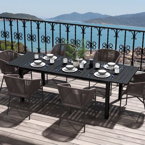 Tavolo da giardino rettangolare allungabile in alluminio per 6-8 persone, dimensioni 180/240L x 94W x 73H cm, nero