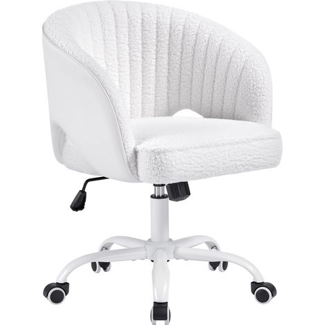 Yaheetech Chaise de Bureau en Tissu Bouclette et Similicuir Fauteuil Arrondi avec Dossier Capitonné à Canaux Fauteuil de Bureau à Roulettes Assise Réglable en Hauteur Chambre Bibliothèque Salon Blanc (1/5)