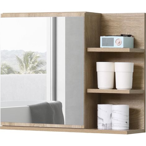 Miroir de salle de bain mural avec porte et 3 étagères latérales en bois, 60 x 18 x 50 cm idéal pour salon, chambre à coucher ou bureau en bois massif solide et élégant