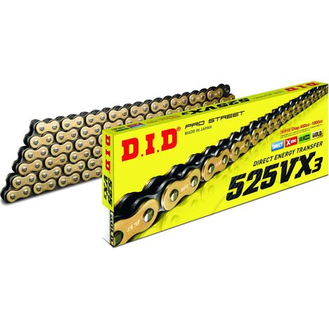 Cadena de oro DID 525VX3G&B-116 (116 eslabones) con anillo en X (abierto + extremo)