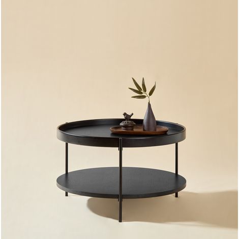 Mesa de centro 69x69x38 cm negra en madera maciza y MDF con 2 niveles y estructura de metal (1/5)