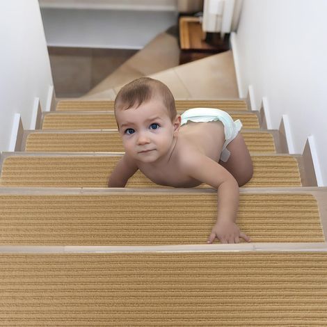 Lot de 15 Tapis d'Escalier Antidérapants 76 x 20 cm Marchette Escalier Auto-adhésifs Tapis Marche Escalier pour Enfants, Animaux Domestiques et Personnes âgées(Beige) (1/5)