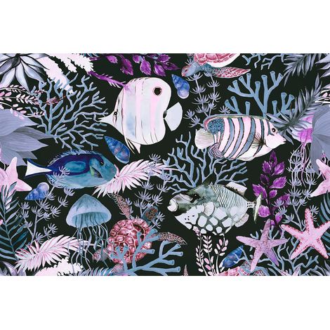 Papier peint panoramique salle de bain violet & bleu Tapisserie panoramique animaux Papier peint panoramique aquarelle poisson & corail (1/2)