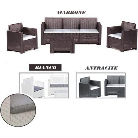 Divano tre sedute con Poltrone e Tavolino/Salotto/Salottino per Esterno/Arredo Giardino - Mod. Seattle Marrone/Brown - Bianco/White - Antracite