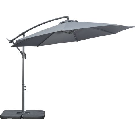 Parasol Déporté Ø2,92 M Avec Manivelle Et Pied En Croix En Acier, Parasol De Jardin Avec Poids Et Toile Inclus, Protection Solaire Terrasse Gris Foncé