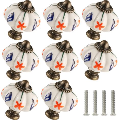 Pomos de calabaza vintage, lot de 12, céramique fleur rouge et feuille bleue, poignées tiroirs et armoires salle de bain, fixation par vis inclus (1/5)