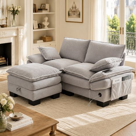 2-Sitzer Cordsofa mit Hocker und Stauraum, modulares Sofa mit USB-C Anschluss und Seitentaschen, ergonomisch, 190x132x84 cm, Hellgrau (1/5)