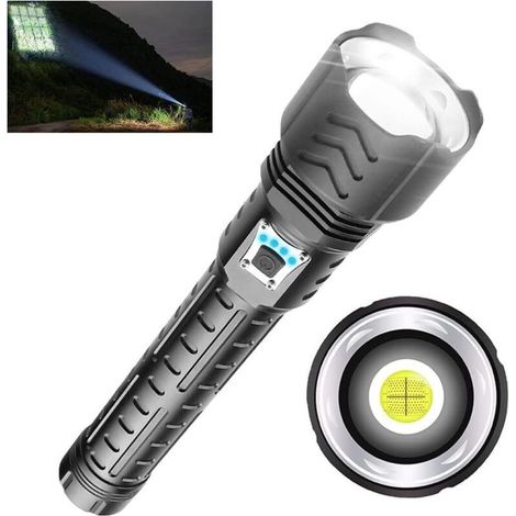 Xhp90 Lampe De Poche Led Ultra Puissante 12000 Lumens, 5 Modes Rechargeable Par Usb Super Lumineuse Lampe Torche Avec Zoom Pour Camping, Sport En Plein Air, Piless Incluses (1/5)
