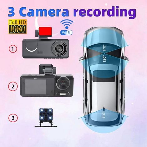 Dashcam 3 Canaux - Caméra Frontale 1680x960 - Caméra Intérieure HD 640x480 - Caméra Arrière - Écran 2 Pouces - Vision Nocturne - WiFi Intégré - Pour Voiture (1/5)