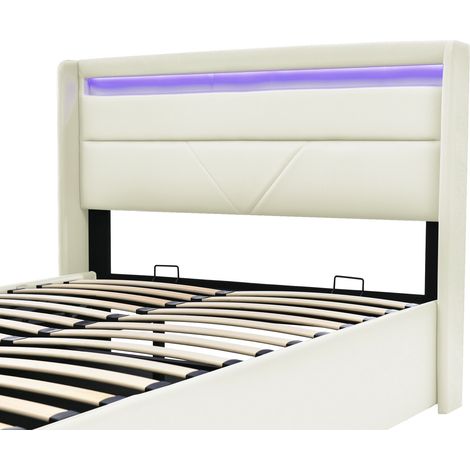 Lit coffre hydraulique avec éclairage LED, sommier et cadre rembourré 160x200 cm, lit fonctionnel avec matelas, blanc (1/5)