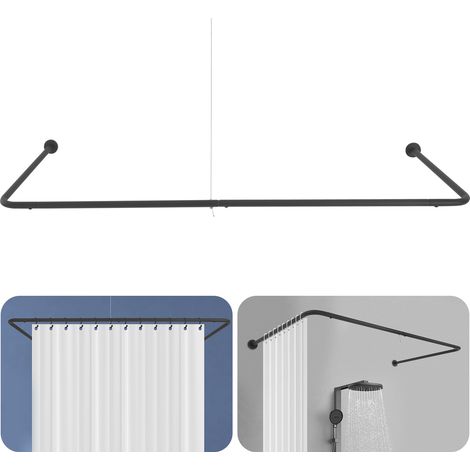 TBarre Rideau Douche Forme U, Tringle à Rideau de Douche Angle en Acier Inoxydable, Rail Extensible pour Baignoire et Vestiaire, 75x(150-190) x75 cm, Noir (1/5)
