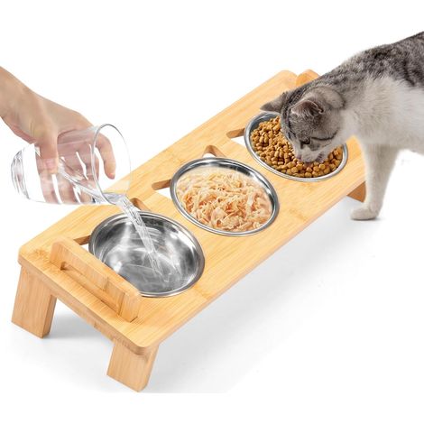 Gamelles inclinées pour chat avec support, 3 en 1 à double poignée, gamelle surélevée avec base en bambou (1/5)
