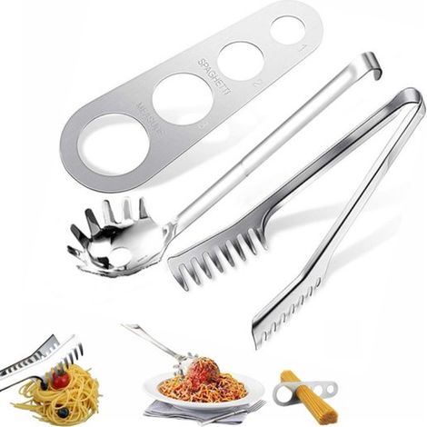 Juego para servir espaguetis, Juego de 3, Cucharas para pasta + Pinzas para espaguetis + Medidor de espaguetis, Acero inoxidable (1/5)