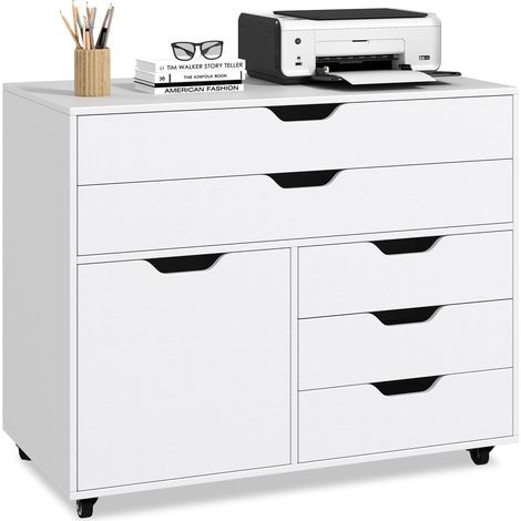 Costway – Caisson de bureau à roulettes 5 tiroirs – Étagère réglable – Support d'imprimante – 77,5 x 40 x 64 cm – Blanc – Mobilité améliorée avec 5 roulettes (1/5)