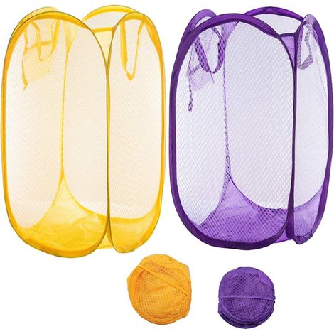 Set mit 2 faltbaren Wäschekörben aus Netzgewebe, gelb + lila, tragbar für Schlafzimmer, Studentenwohnheim oder Reisen