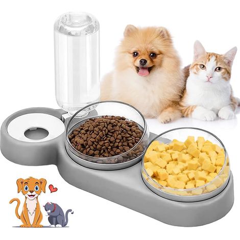 Comederos dobles para gatos, comedero doble elevado para gatos, comedero separador de alimentos secos y húmedos, comedero para mascotas 3 en 1 antivómitos inclinable 15° con depósito de agua automátic