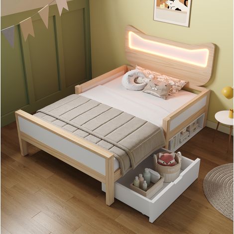 Lit enfant 90x190 cm blanc et chêne en bois avec tête de lit chat LED RGB, tiroir réversible et barrières (1/5)