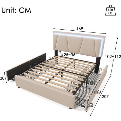 Lit double 160x200 cm avec éclairage LED, 4 tiroirs de rangement, tête de lit ajustable en hauteur, sommier en bois, couleur beige (matelas inclus)