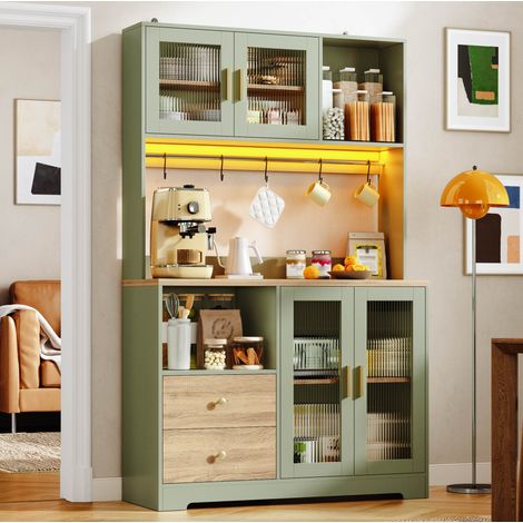 Credenza cucina 110x40x178 cm, vetrina LED con prese USB, ante in vetro temperato, MDF verde antico (1/5)