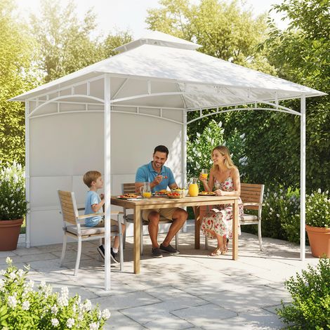 Gloriette métallique jardin Blanc 3x3 m rideaux poches rangement crochet plafond crème
