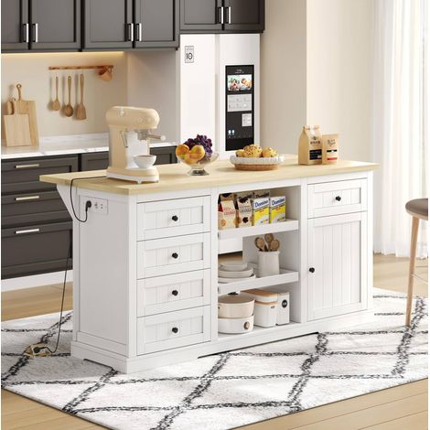 MODFU – Îlot cuisine buffet 150x65x75,5 cm MDF – Plateau rabattable et 5 tiroirs – Prises USB intégrées – Blanc/naturel (1/5)