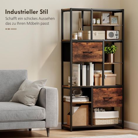 Meuble de rangement, 2 tiroirs en tissu, 9 étagères ouvertes, étagère autoportante à cadre en acier, marron+noir (1/5)