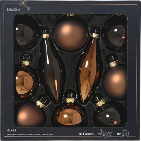 Decoris Weihnachtskugeln mit Tropfen-Ornamente aus Glas Ø 6 cm espressobraun 10 Stück