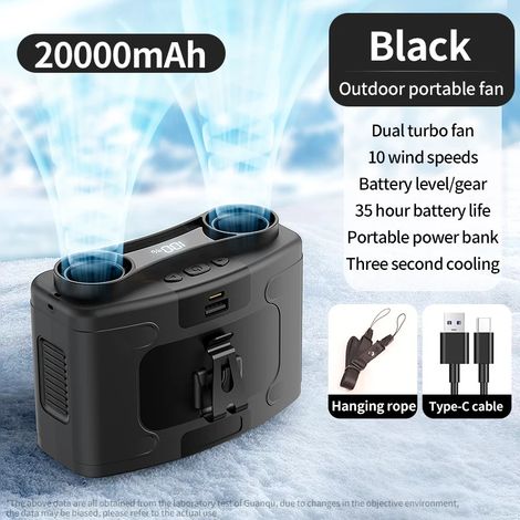 Ventilateur ceinture noir 15 W, refroidissement rapide, 10 vitesses, double moteur, batterie 20 000 mAh (1/5)