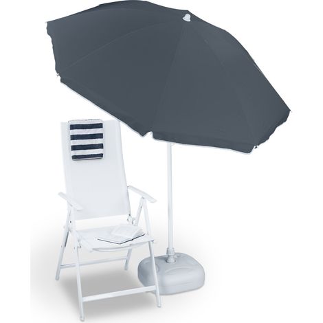 Parasol Relaxdays Ø180 cm, réglable, inclinable, pour balcon, rond, polyester, acier, parasol de plage, gris (1/5)