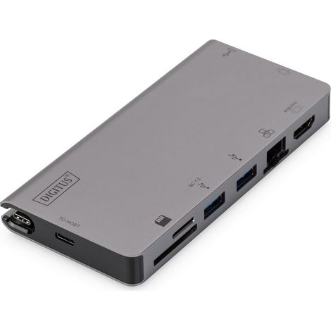 Digitus USB-C Multiport-Reisedock, 8 Anschlüsse, grau: 2x Video, 2x USB-C, 2x USB 3.0, RJ45, 2x Kartenleser, DA-70877
