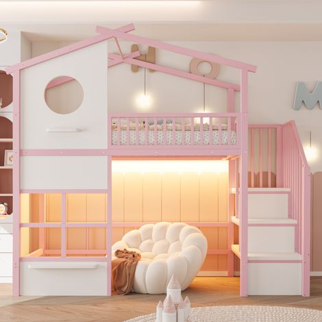 Hochbett Hausbett 90x200 cm mit Lattenrost inklusive für Kinder und Jugendliche - Kinderbett aus Metall mit Treppe Stauraum hoher Rausfallschutz und LED-Lichtleiste - Rosa Weiß (1/5)