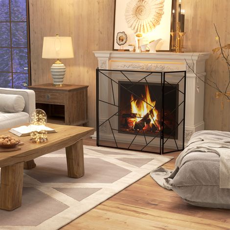 Pare feu cheminée pliable 3 panneaux en acier avec décor géométrique et pieds antidérapants, 135l x 1,2P x 85H cm, noir (1/5)