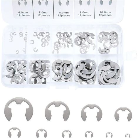 Anneau E-Clip en Acier Inoxydable, 120 Pcs Bague de Retenue Externe Snap Kit, M1,5-M10 Assortiment Circlip avec Boîte de Rangement, pour la Rainure de l'arbre de la Machine (1/5)