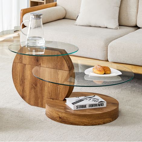 Mesa de centro de MDF y vidrio transparente, diseño multinivel con acabado madera (1/5)