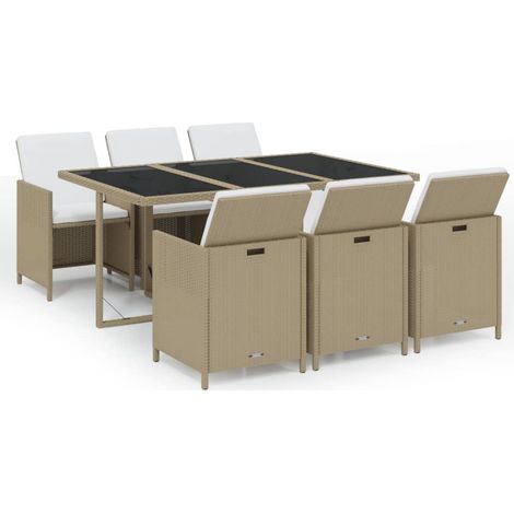 7 Piece Garden Dining Set with Cushions Poly Rattan Beige vidaXL